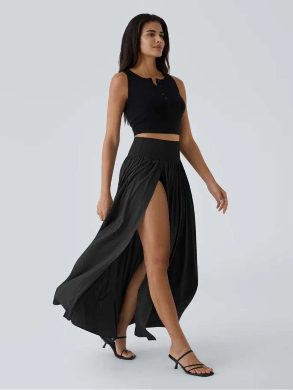 Halara Breezeful High Waisted Split Flowy Quick Dry Maxi Casual Skirt Blck Large
